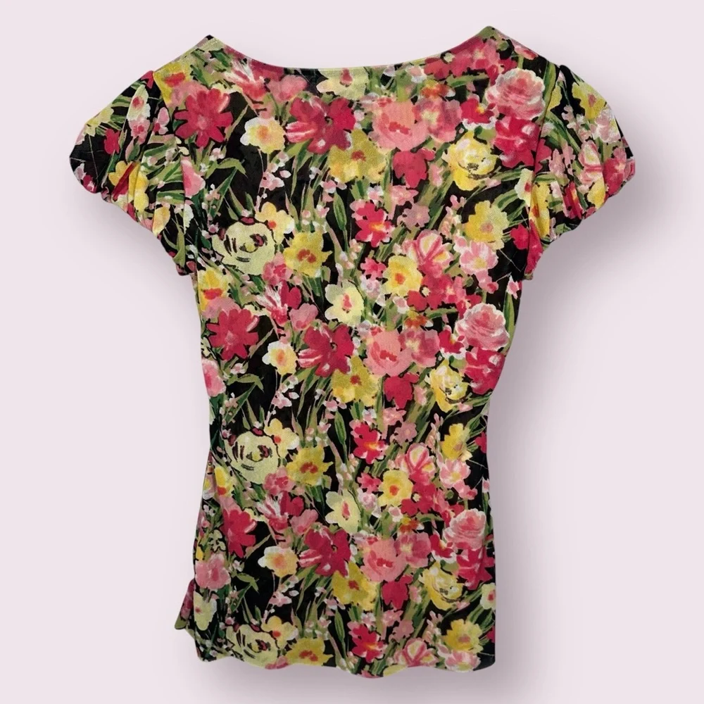 Y2K Floral Babydoll Milkmaid Mesh Top Sz XXS Floral Puff Sleeves Square Neckline